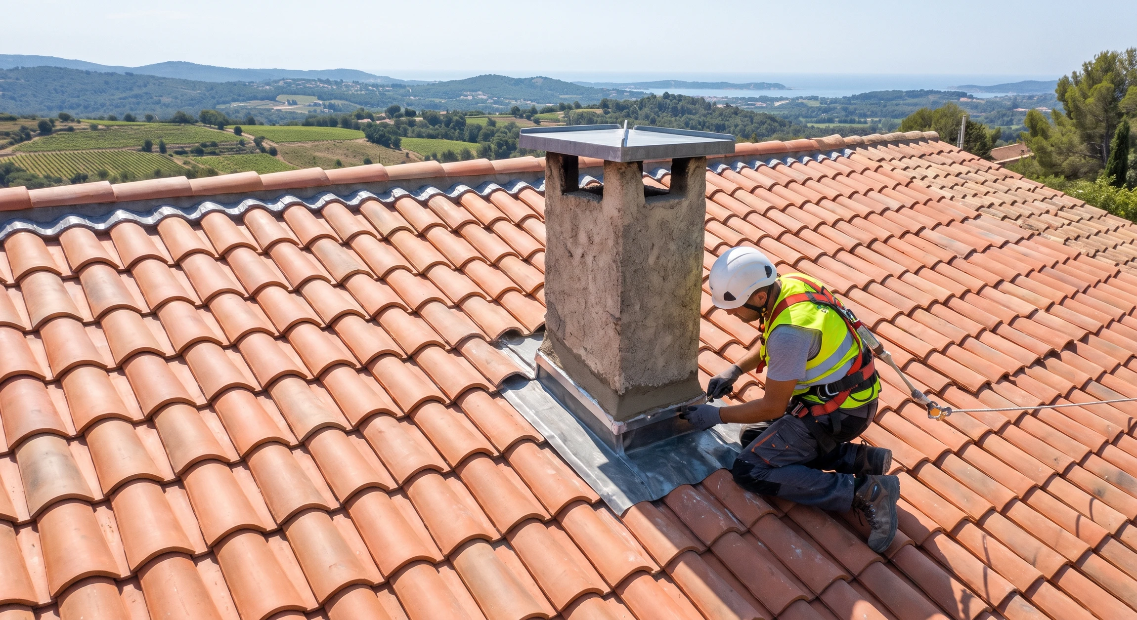 Photographie professionnelle en plongée d'une toiture en cours de rénovation, montrant un faîtage et un solin d'étanchéité de cheminée fraîchement installés ou remis en état, avec détails visibles du travail de précision effectué. La toiture environnante doit être bien entretenue, les matériaux de couverture clairement visibles. L'image doit transmettre la qualité professionnelle du travail réalisé et l'expertise technique en étanchéité de toiture.