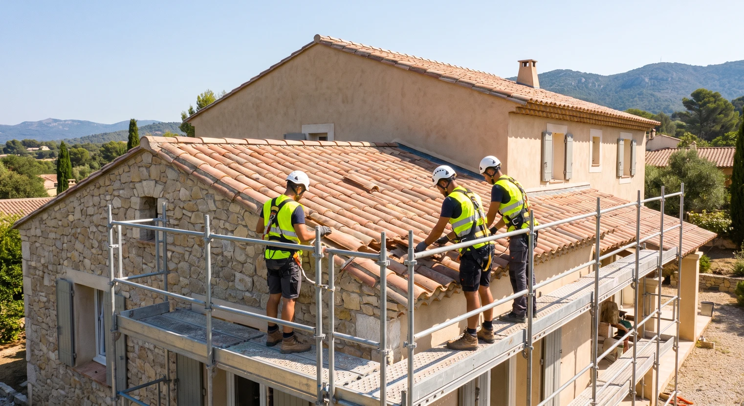 Photographie professionnelle montrant une équipe de deux à trois artisans qualifiés en équipement de sécurité complet (harnais, casque) travaillant sur la toiture d'une maison résidentielle varoise, effectuant des travaux de rénovation ou de changement de couverture. La scène doit transmettre professionnalisme, rigueur et maîtrise technique, avec une maison bien rénovée en arrière-plan illustrant les résultats de qualité. L'atmosphère doit évoquer le sérieux, l'expérience et la progression d'une entreprise performante.