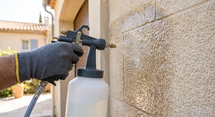 Photographie d'une façade extérieure de maison traditionnelle présentant des signes visibles d'infiltration d'eau et de dégradation : traces d'humidité visibles sous forme de zones sombres, efflorescences blanches, moisissures, fissures fines, ou dépôts et auréoles d'eau en bas du mur. La façade montre clairement les effets du ruissellement de pluie et de l'absorption d'eau par le support maçonné, illustrant l'urgence d'une protection hydrofuge. Image en plein jour, perspective à hauteur de vue, montrant une portion de mur d'au moins 2-3 mètres de large pour bien visualiser les dégradations.