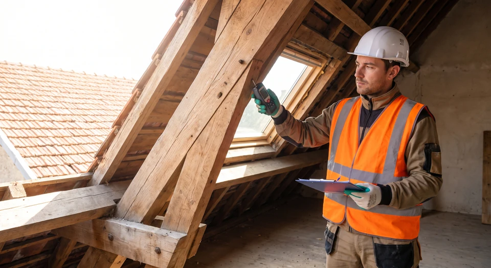 Technicien en équipement de sécurité (gilet de chantier, casque) inspectant et évaluant l'état d'une charpente en bois à l'intérieur d'une maison lors d'une première visite de diagnostic, prenant des notes ou effectuant une mesure sur les éléments structurels en bois, montrant une approche professionnelle et rigoureuse de l'évaluation.