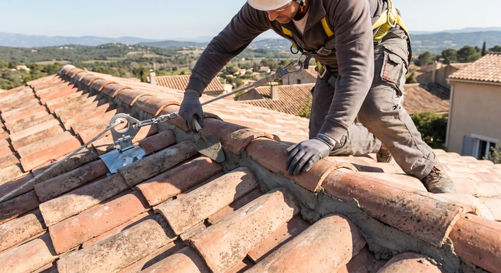 Extérieur d'une maison avec cheminée en briques rouges et oranges détériorées, toit à versant rouge écaillé, ciel bleu nuageux