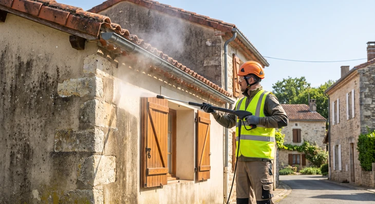 Ouvrier en combinaison grise et orange appliquant un enduit bleu sur une surface de béton à l'aide d'une spatule métallique