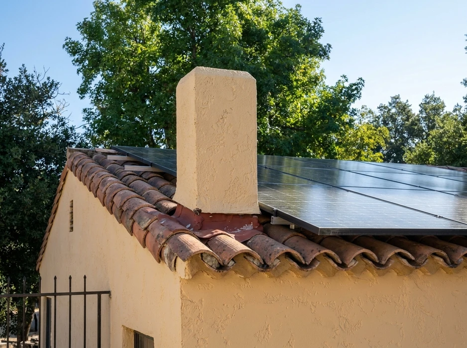Toiture d'une maison méditerranéenne en extérieur, ensoleillée