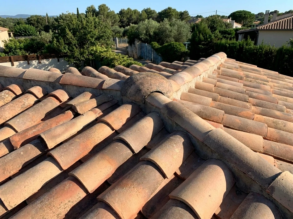 Toiture en tuiles canal (romanes) en terre cuite, vue en plongée