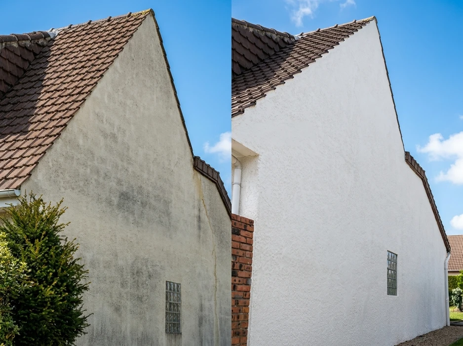 Comparatif avant/après d'une façade de maison individuelle en enduit gratté