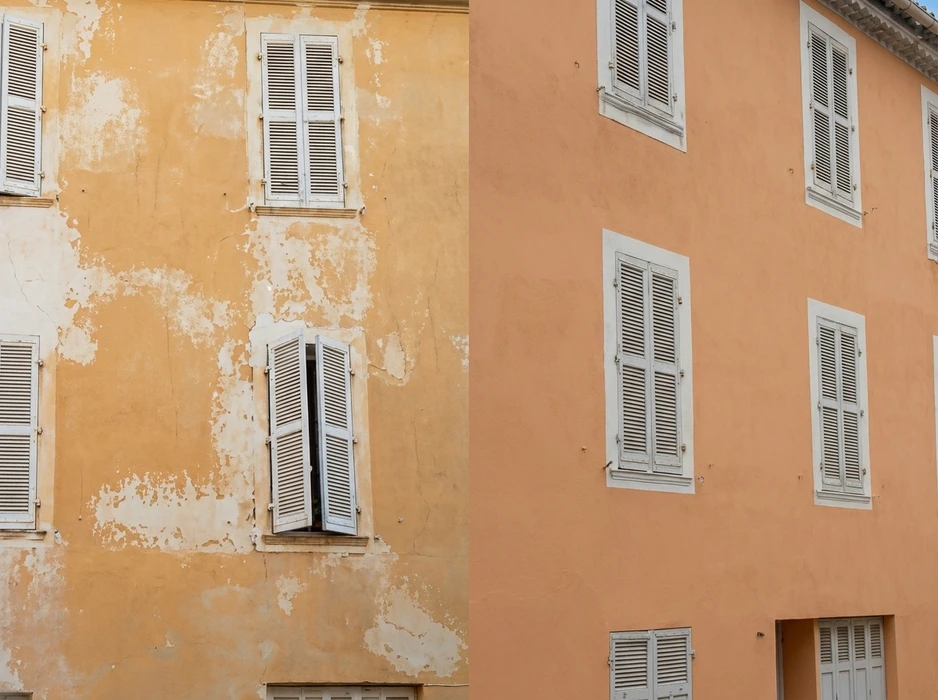 Deux façades d'immeubles anciens mitoyens, extérieur urbain méditerranéen