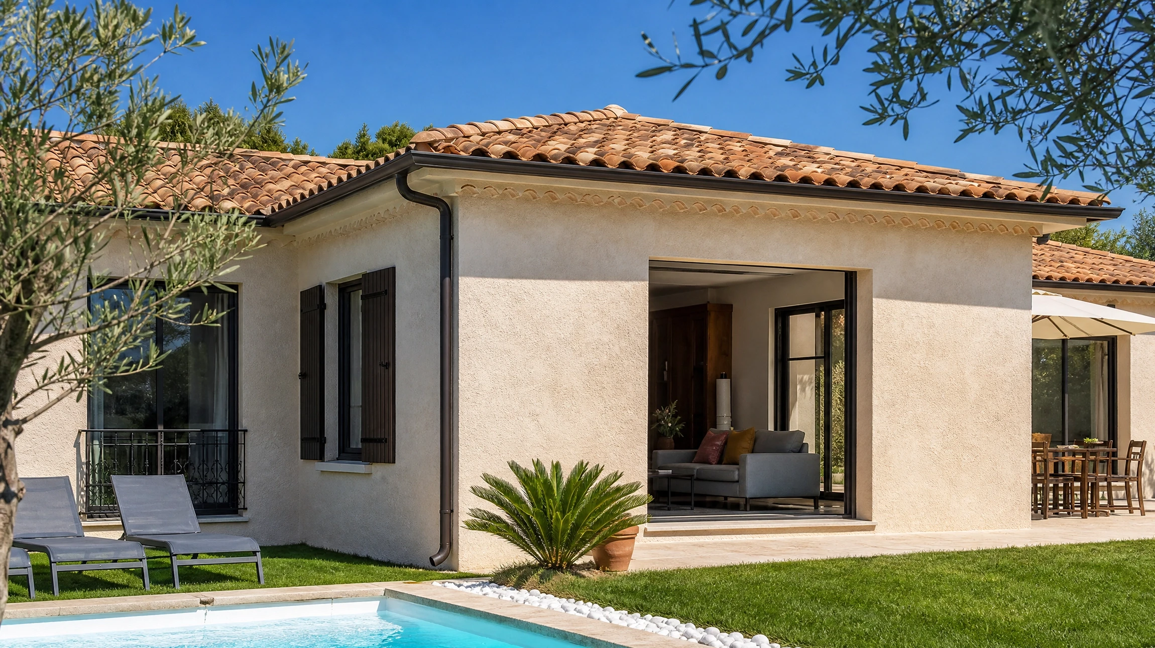 Extérieur d'une habitation, personne effectuant l'entretien de gouttière en PVC noir