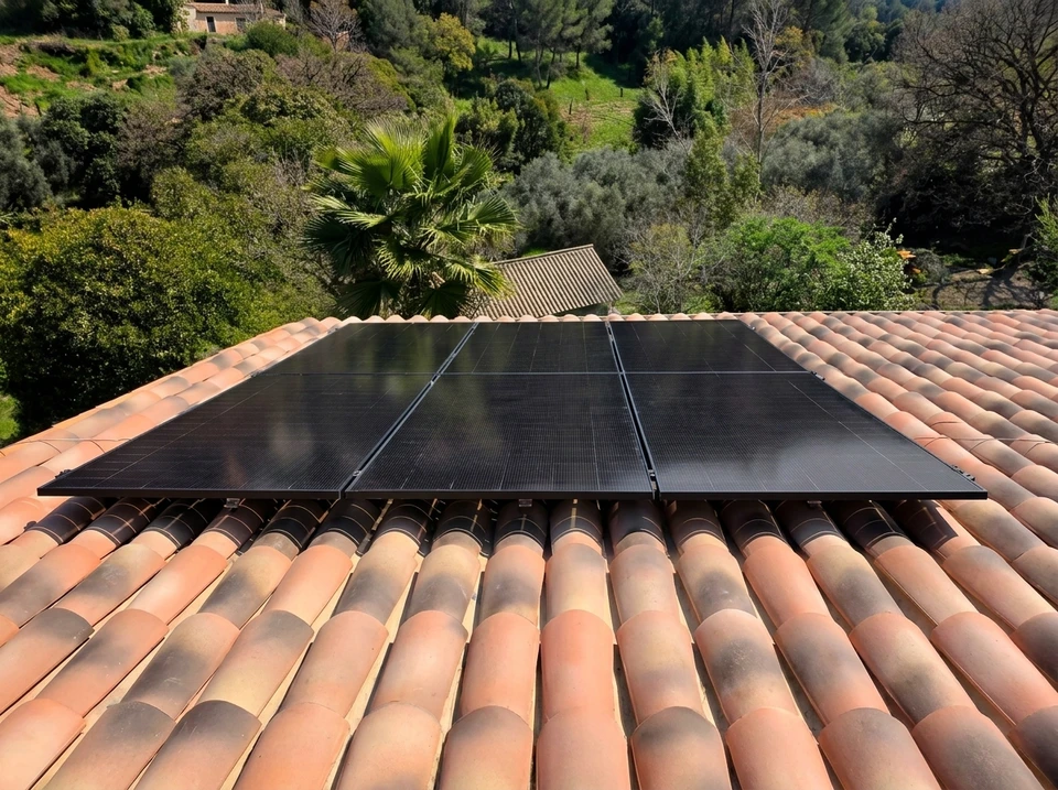 Technicien en combinaison de travail installant des panneaux solaires photovoltaïques sur une toiture, manipulant les modules avec précision sous un ciel bleu nuageux