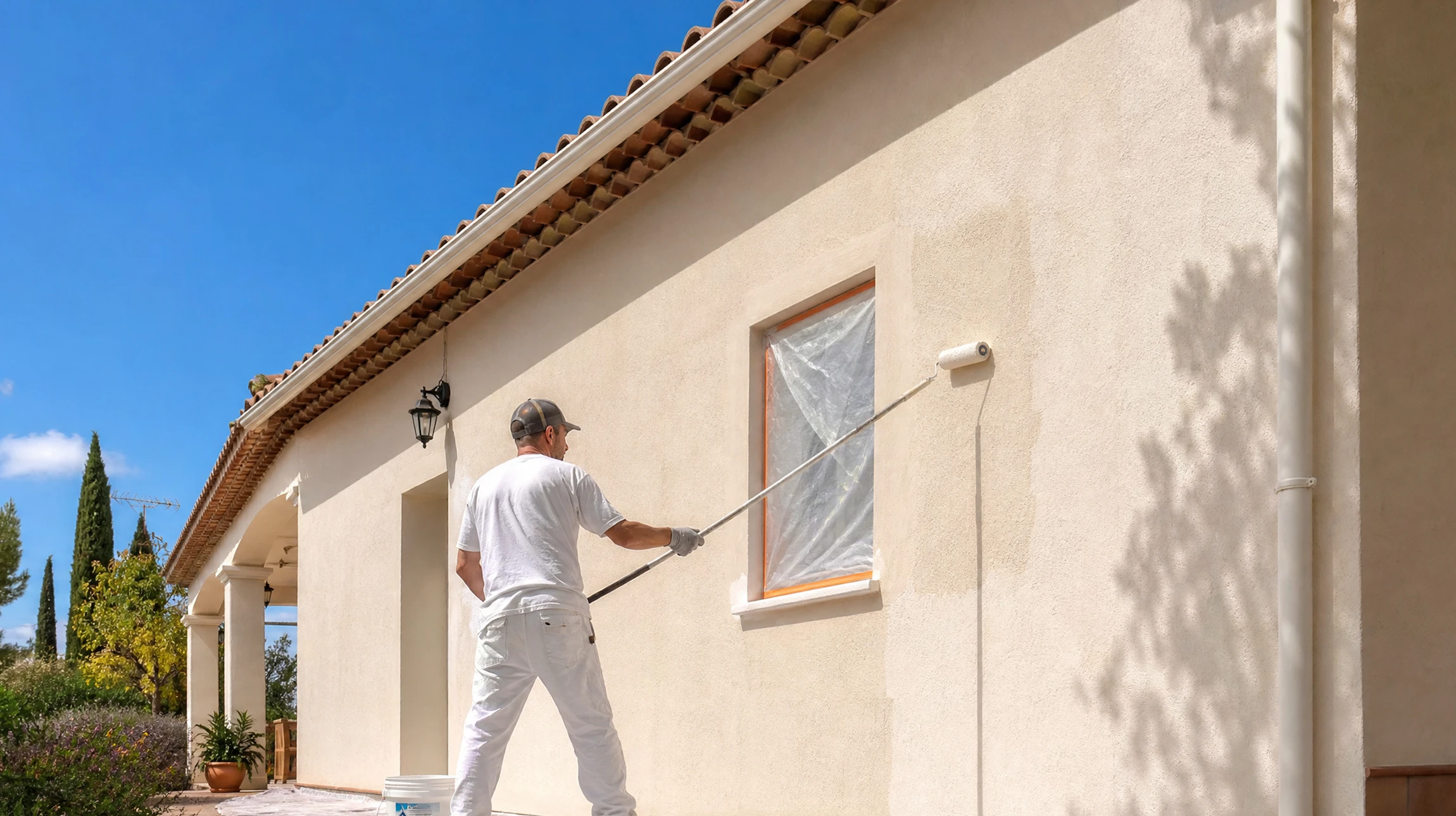 Façade extérieure d'une maison avec mur en briques blanches sous un ciel bleu nuageux