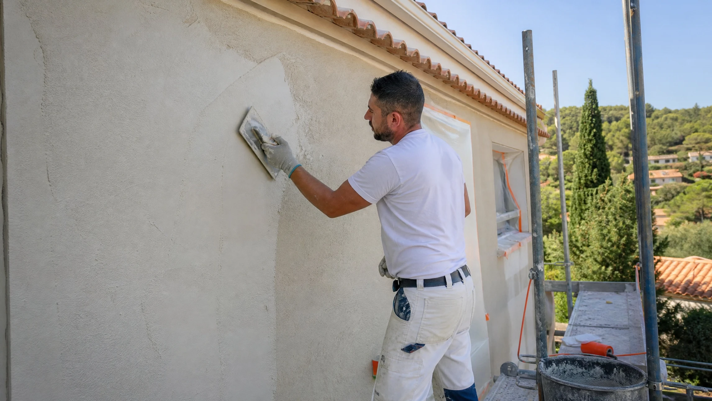 Ouvrier appliquant un enduit de façade avec une taloche sur un mur extérieur