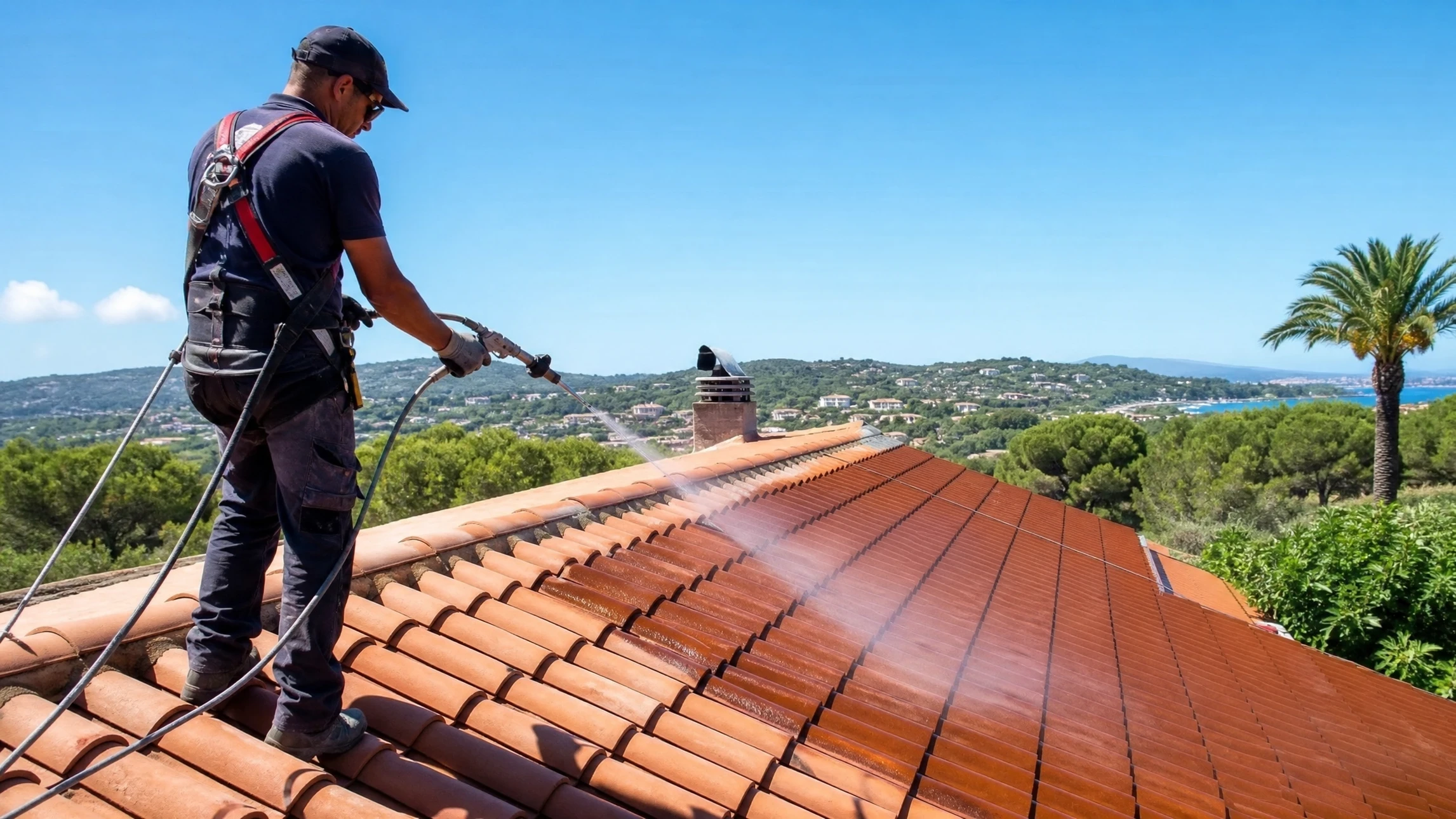 Ouvrier en hauteur effectuant des travaux d'étanchéité sur toiture-terrasse d'un bâtiment industriel