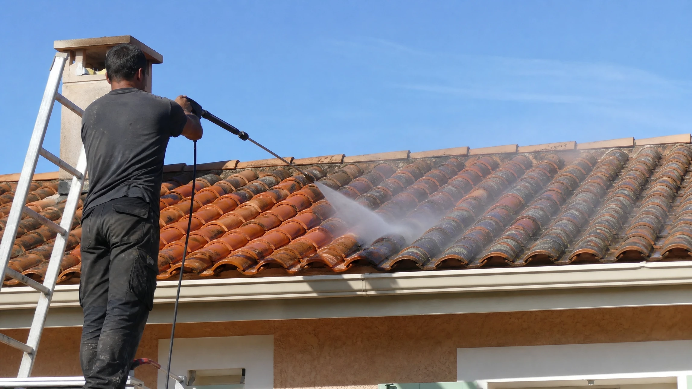Extérieur d'une maison résidentielle sous ciel bleu dégagé, vue en contre-plongée sur l'angle d'un toit et sa façade