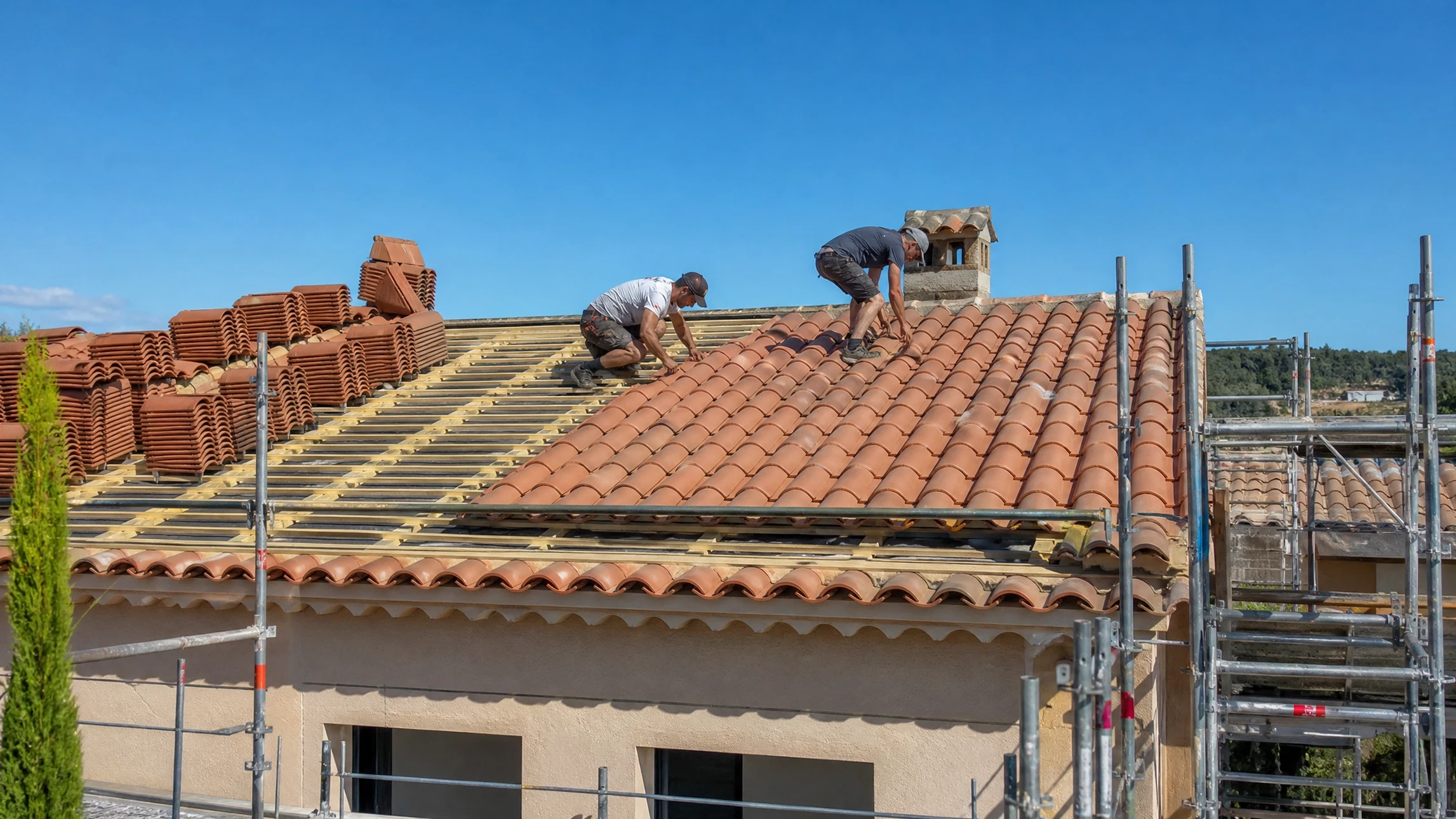 Ouvrier installant des tuiles en terre cuite rouge sur une toiture en construction