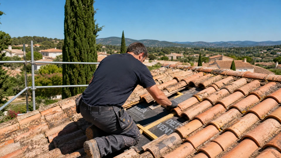 Ouvrier du bâtiment en harnais de sécurité manipulant des tuiles en terre cuite sur un toit