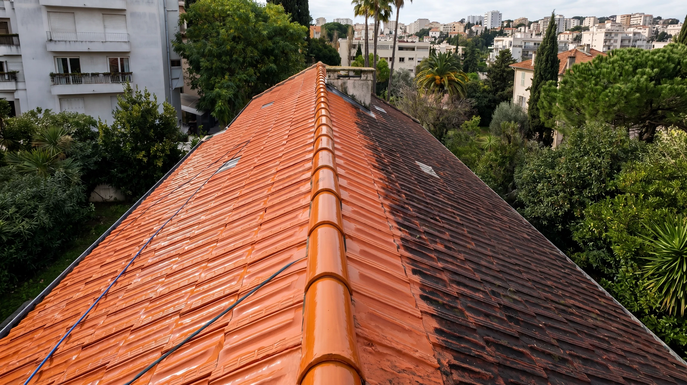 Ouvrier du bâtiment en harnais de sécurité manipulant des tuiles en terre cuite sur un toit