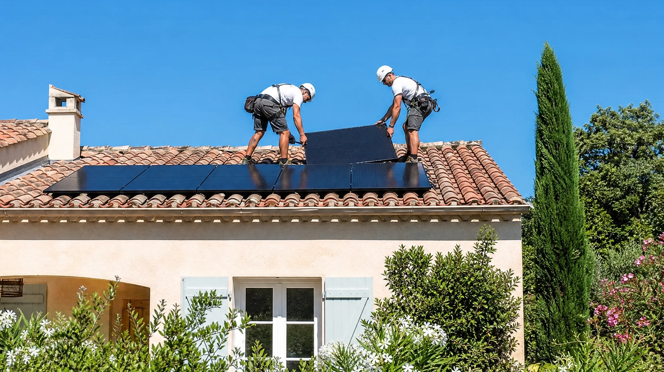 Deux ouvriers en équipement de sécurité installent des panneaux solaires photovoltaïques sur une toiture